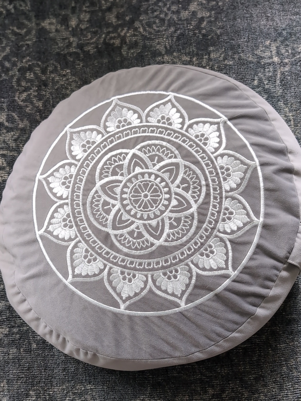 Round Gray Meditation Pillow with White Mandala Embroidery